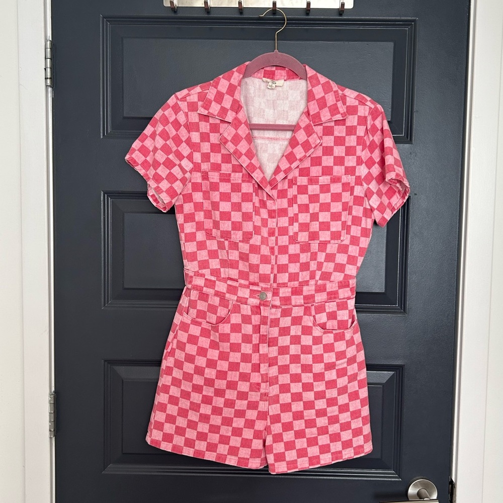 Pink Denim Checkerboard Romper